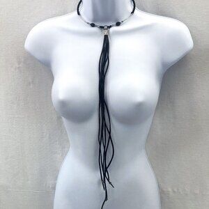 Long Black Metal and Leather Choker Tassle Necklace